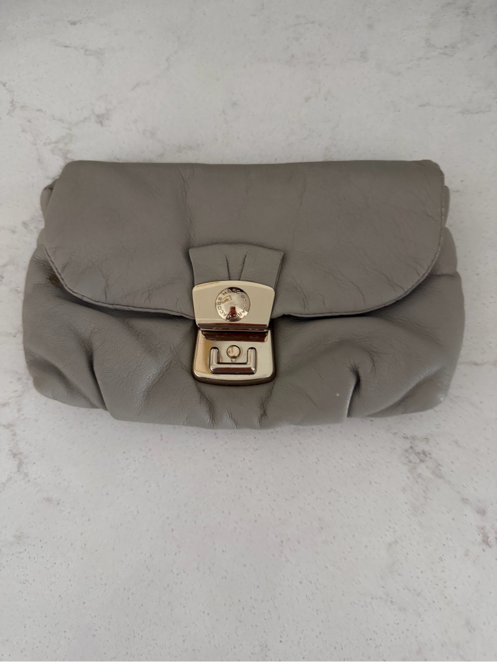Gray Leather Fold-Over Clutch with Gold Turn-Lock
